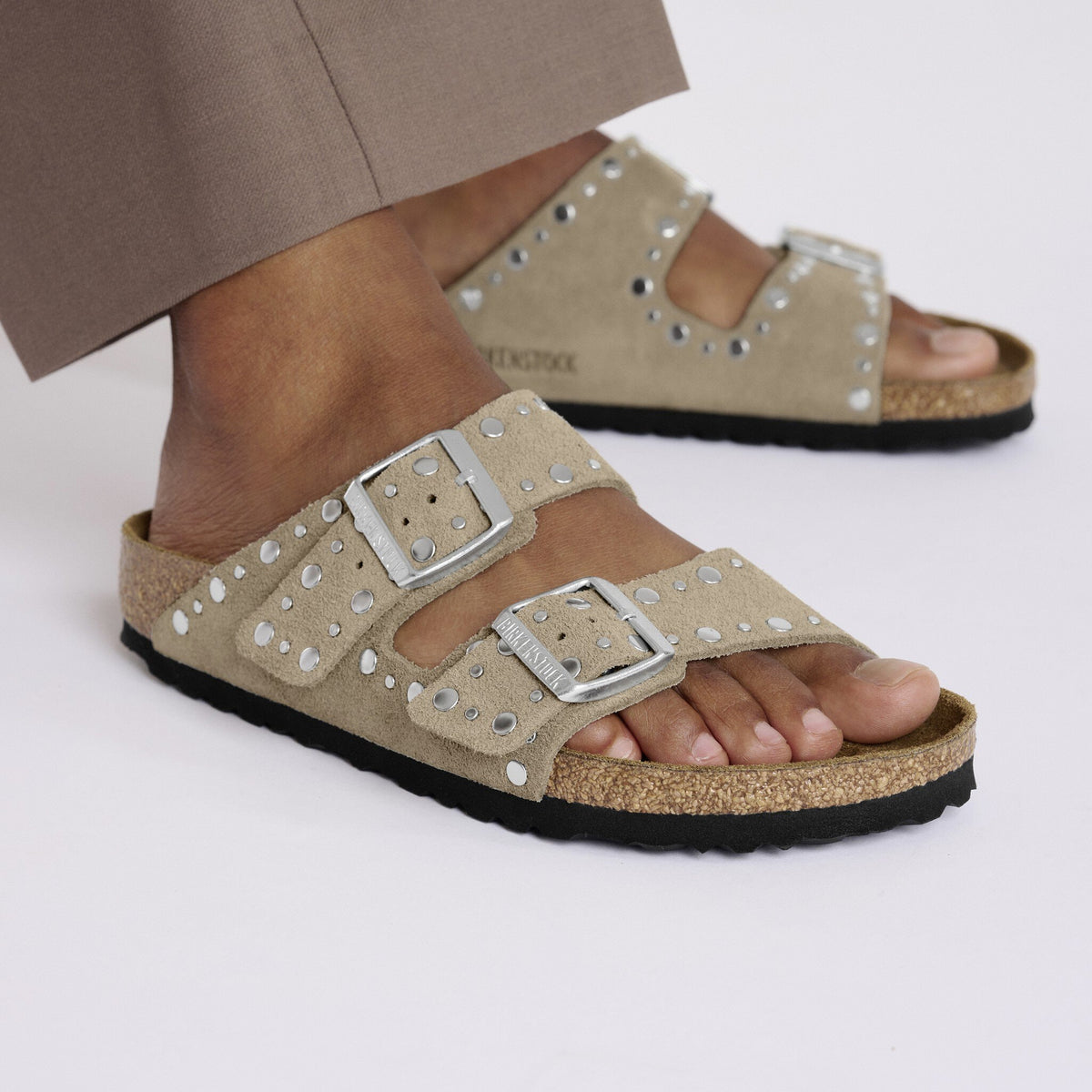 Arizona Rivet Taupe Suede Leather