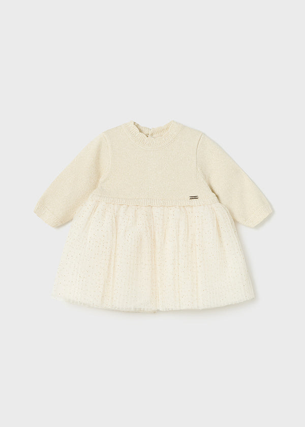 Vestito Tricot Tulle Plisset. Champagne