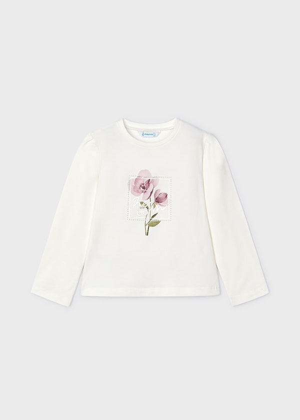 Maglietta Bianca con Fiori e Scritta Argento