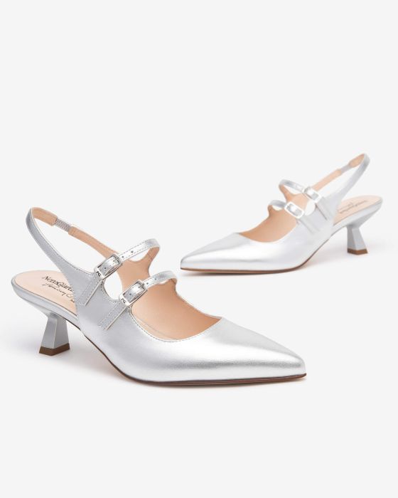 Slingback Doppia Fibbia Argento Con Tacco