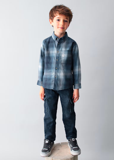 Camicia Manica Lunga Quadri Marino