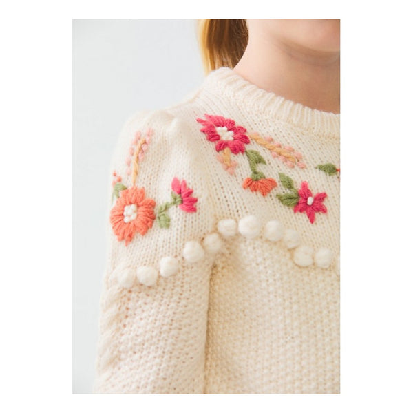 Maglione Bianco con Orlo Ricamo Fiori