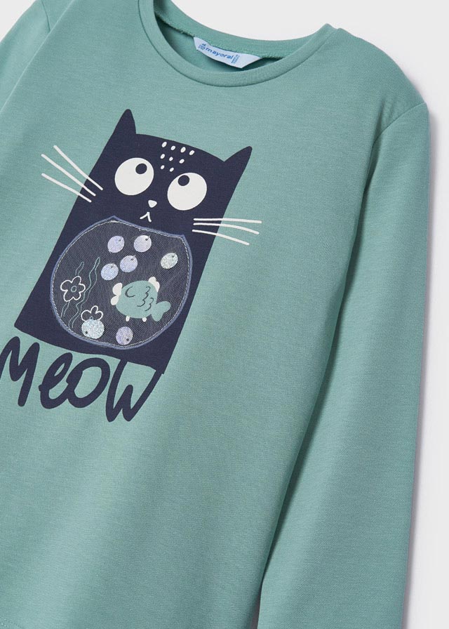 Maglietta Manica Lunga Con Gattino Verde