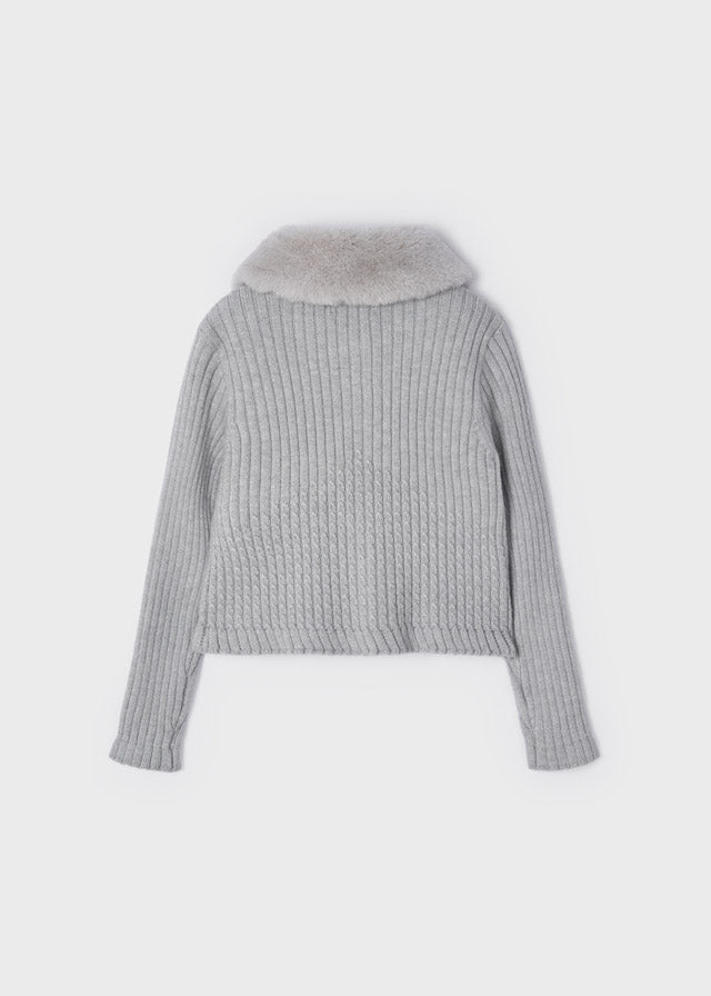 Cardigan Tricot Colletto Pelloso Argento