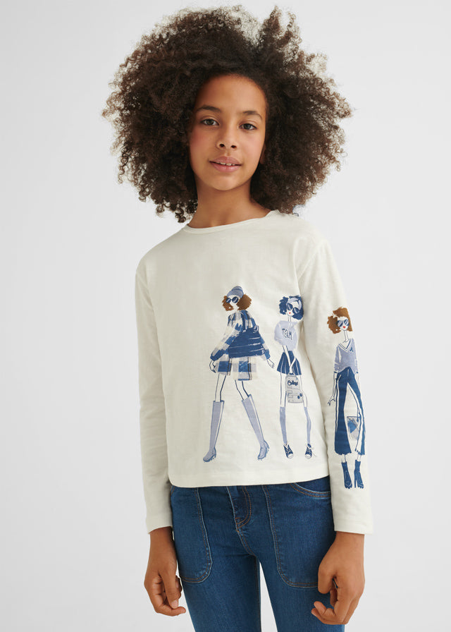Maglietta Bianca Manica Lunga Bambine Blu