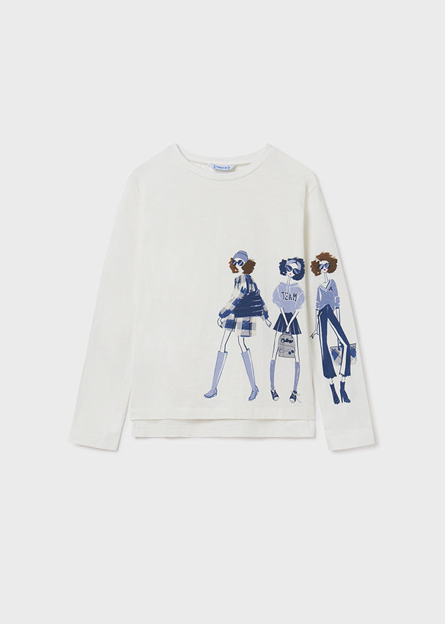 Maglietta Bianca Manica Lunga Bambine Blu