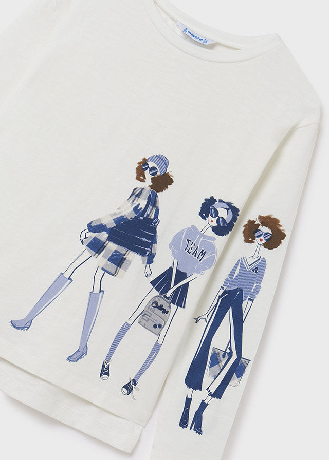 Maglietta Bianca Manica Lunga Bambine Blu