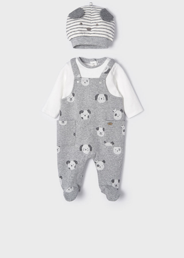 Completo Salopette Jacquard Con Cagnolini Grigio