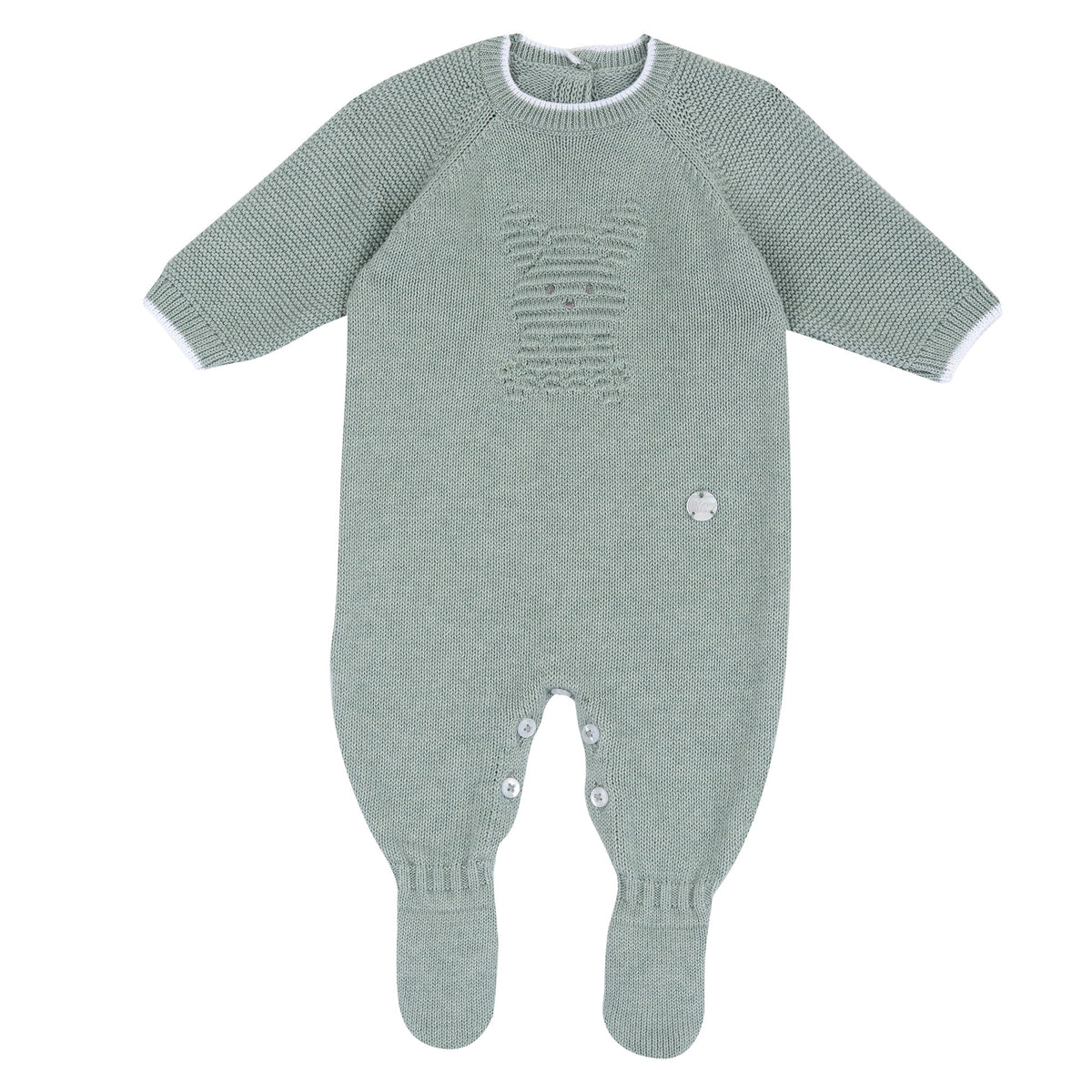 Tutina Neonata In Maglia Verde Salvia Con Orsetto