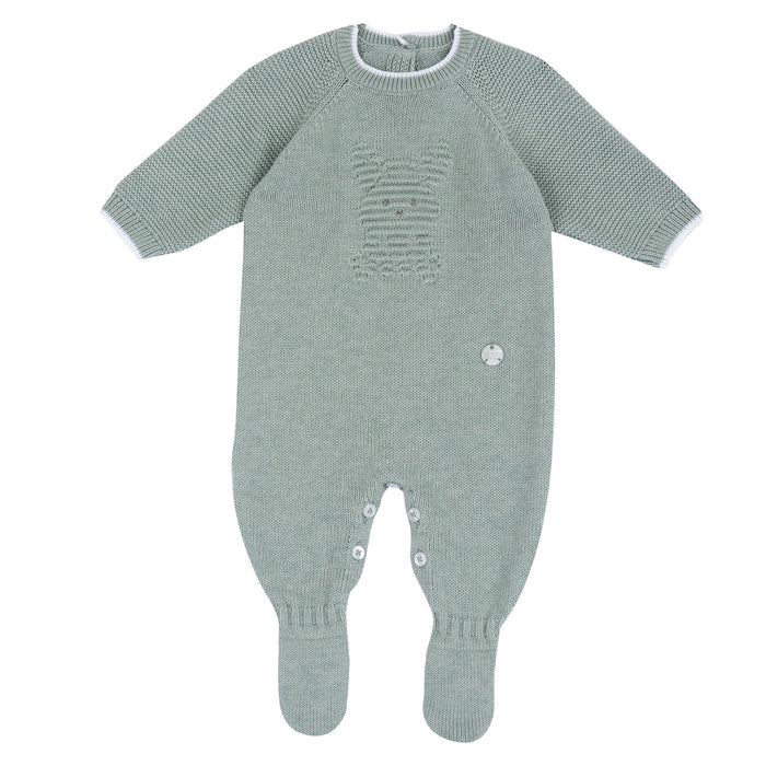 Tutina Neonata In Maglia Verde Salvia Con Orsetto