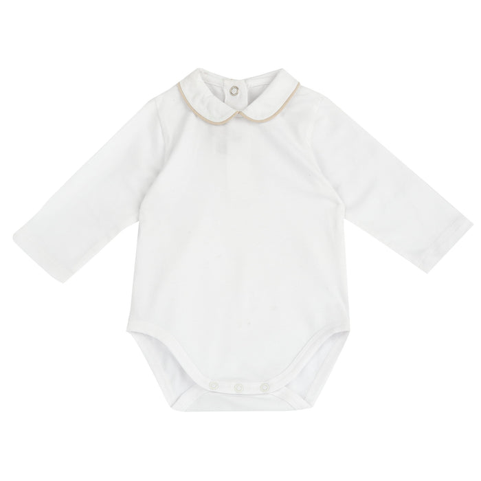 Body Neonato In Cotone Bianco Colletto Beige