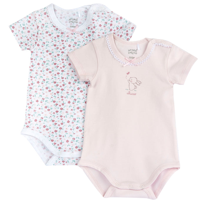 Set 2 Body Neonata In Cotone Rosa E Fantasia Floreale