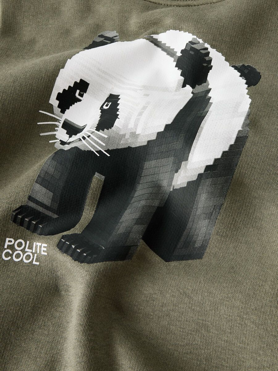 Felpa A Giro Verde Stampa Panda