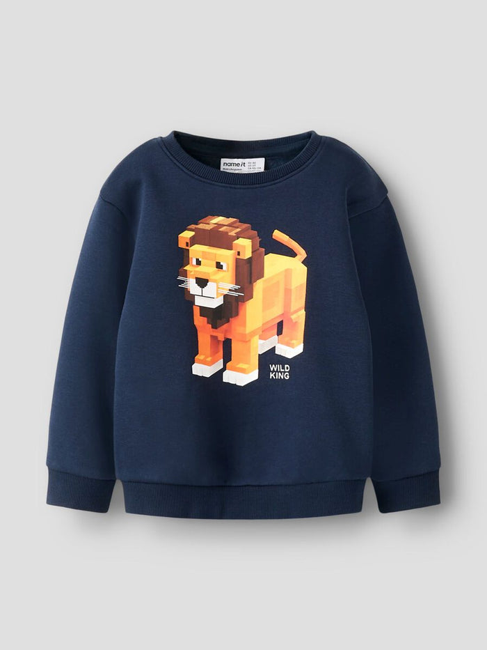 Felpa A Giro Blu Stampa Leoncino