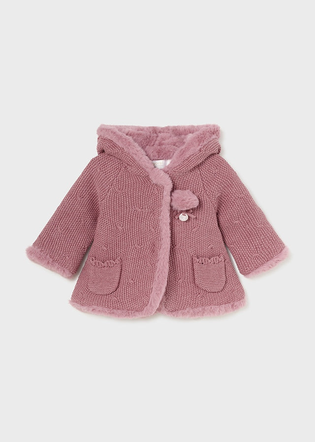 Cardigan Rosa con Pompon e Cappuccio