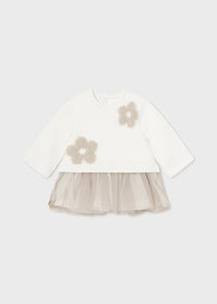 Vestito Tricot Tulle Bianco-Beige