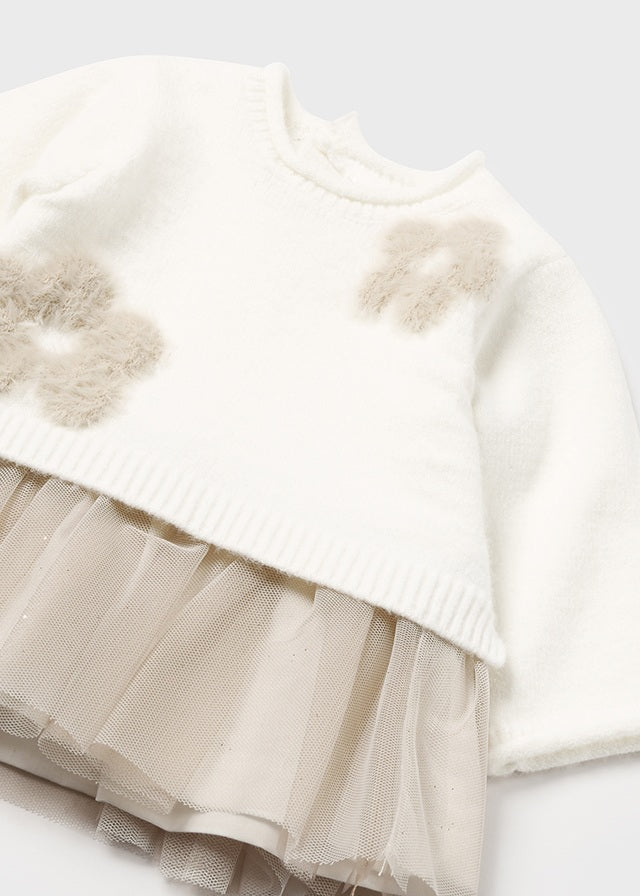 Vestito Tricot Tulle Bianco-Beige