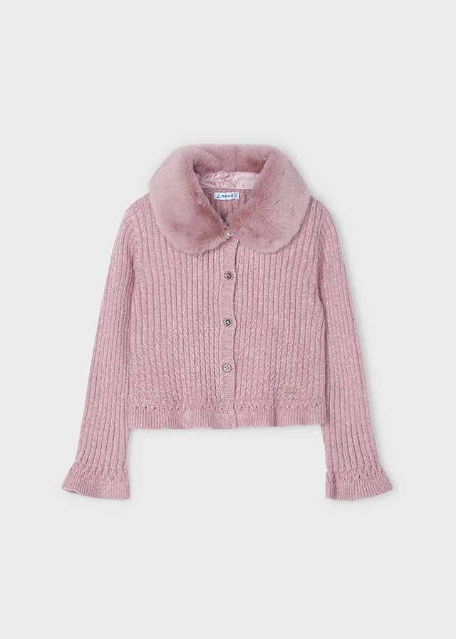 Cardigan Rosa con Colletto Pelliccia