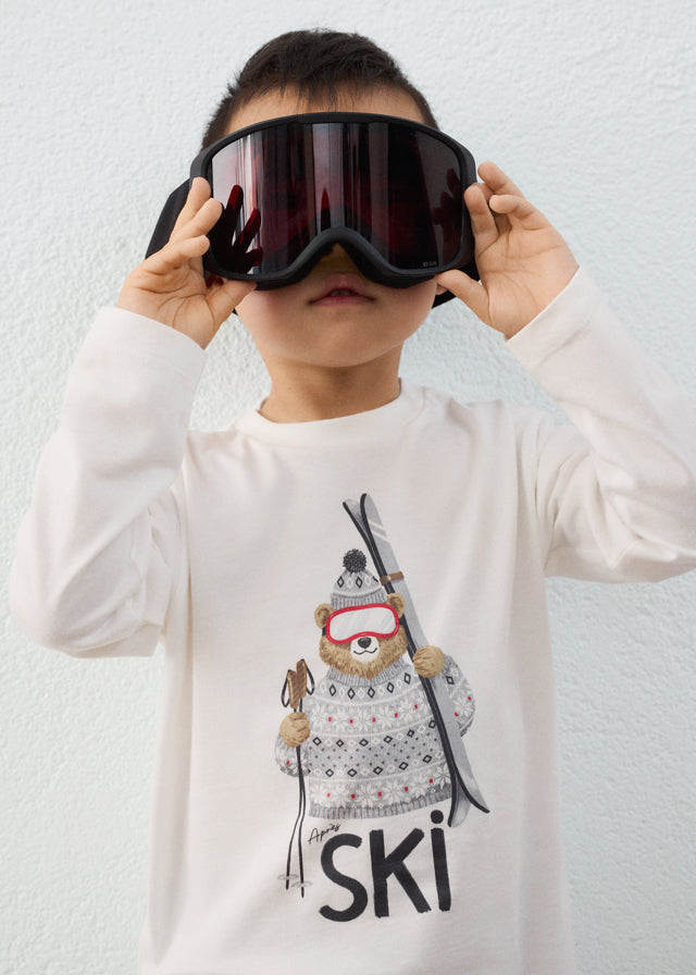 Maglietta Manica Lunga Print Orso Ski Panna