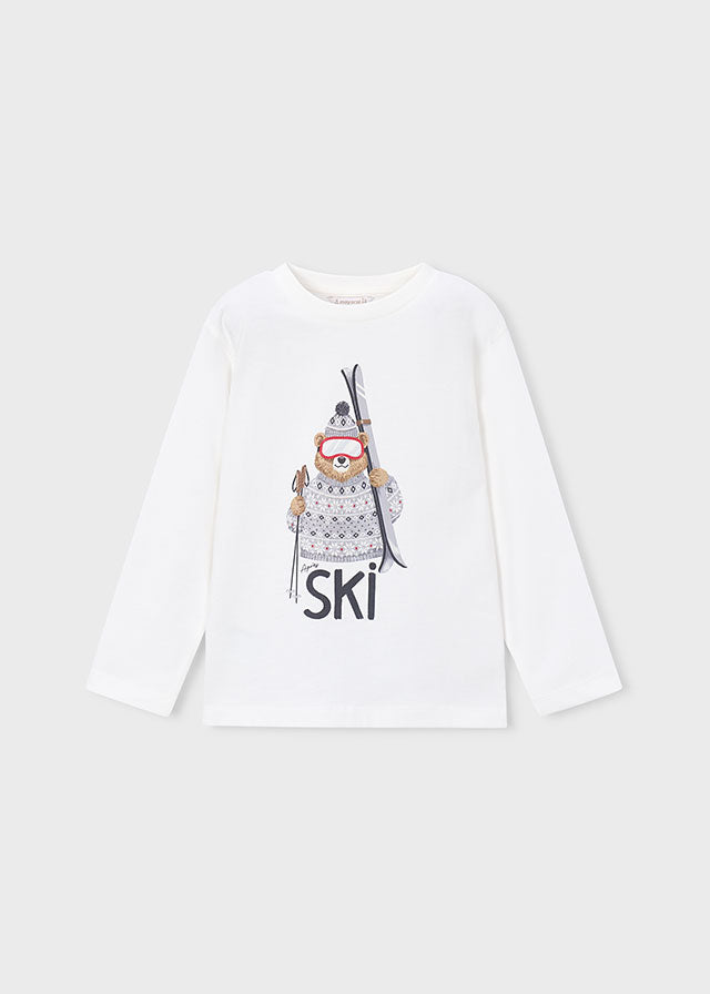 Maglietta Manica Lunga Print Orso Ski Panna