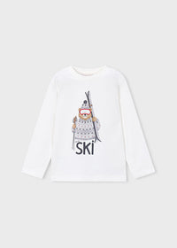 Maglietta Manica Lunga Print Orso Ski Panna