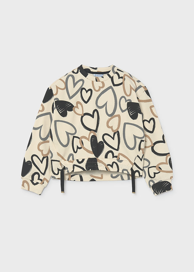 Felpa Stampa Cuori Beige