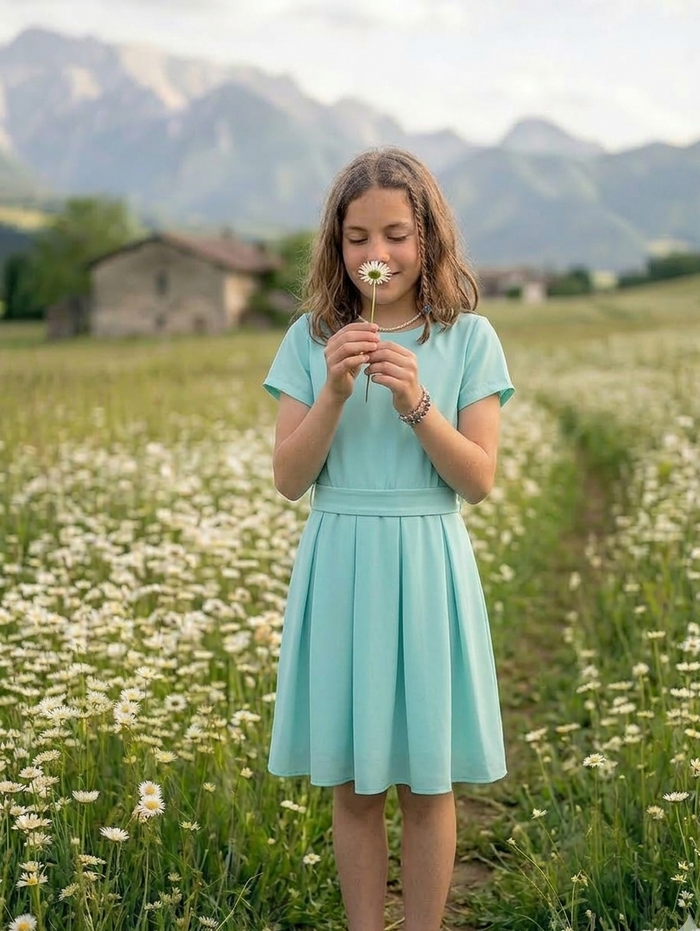 Vestito Elegante Turchese a Manica Corta Con Cintura