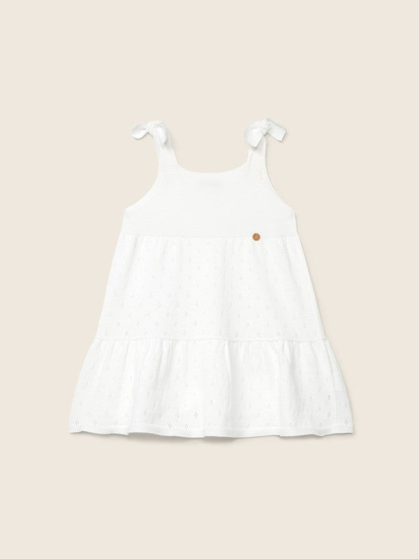 Vestito In Maglia Traforata Beige Con Spalline A Fiocco