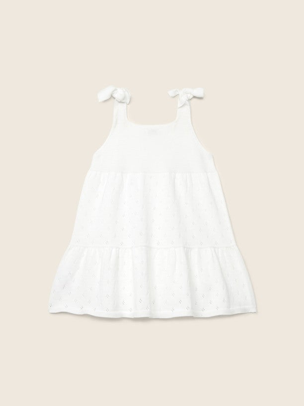 Vestito In Maglia Traforata Beige Con Spalline A Fiocco