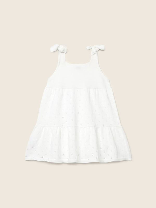 Vestito In Maglia Traforata Beige Con Spalline A Fiocco