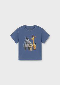 T-Shirt Blu Con Stampa Giraffa E Ippopotamo