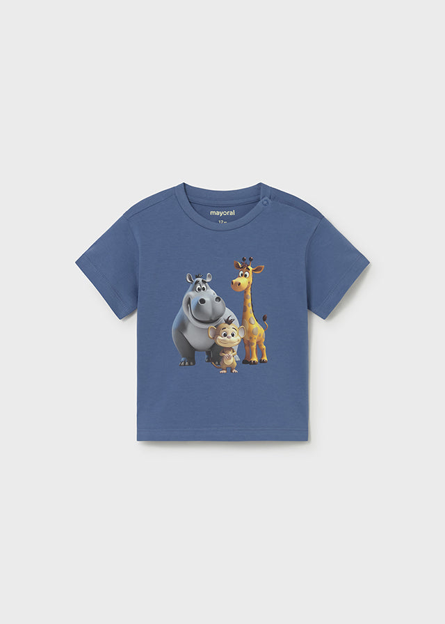 T-Shirt Blu Con Stampa Giraffa E Ippopotamo