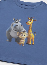 T-Shirt Blu Con Stampa Giraffa E Ippopotamo