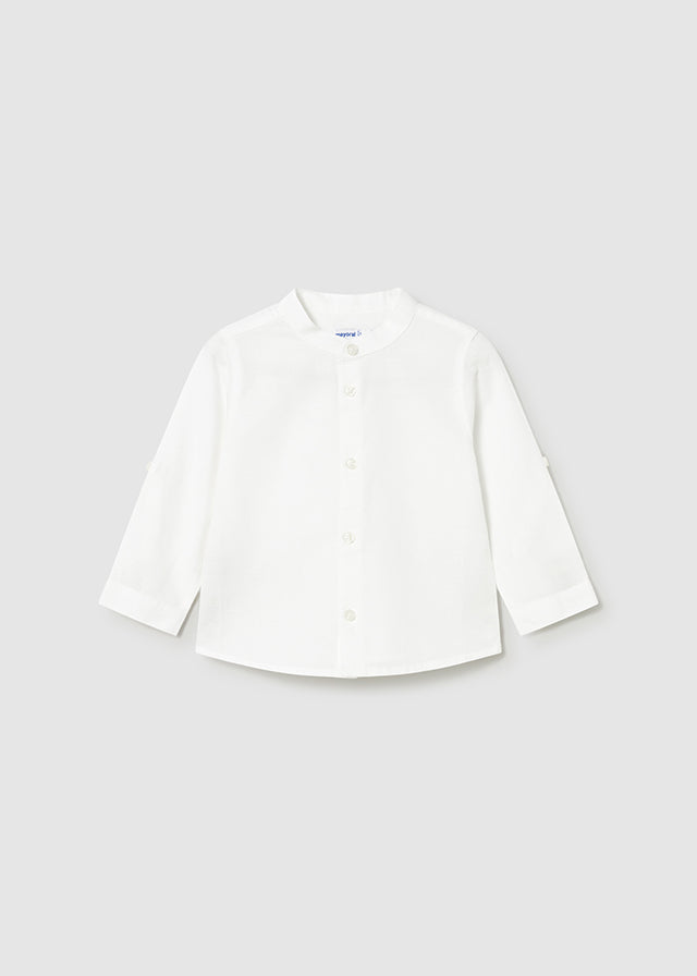 Camicia Manica Lunga Lino Collo Coreano Bianco