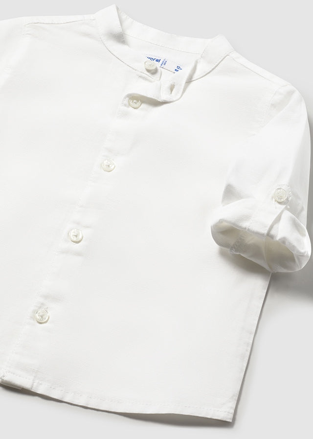 Camicia Manica Lunga Lino Collo Coreano Bianco