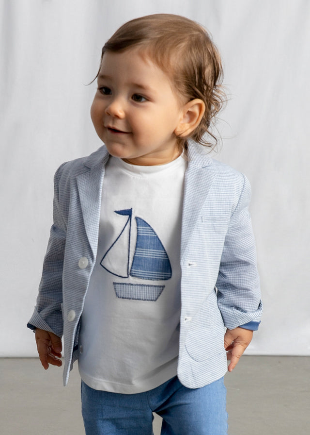 Giacca Elegante Azzurra In Tessuto Operato