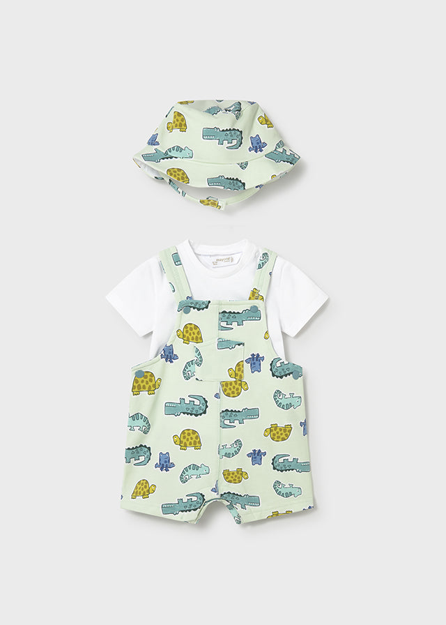 Set 3 Pezzi Baby Verde Acqua Salopette T-Shirt E Cappell