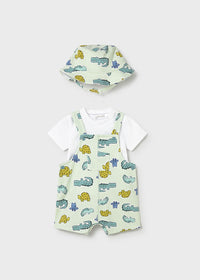 Set 3 Pezzi Baby Verde Acqua Salopette T-Shirt E Cappell
