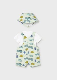 Set 3 Pezzi Baby Verde Acqua Salopette T-Shirt E Cappell