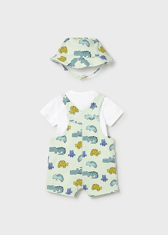 Set 3 Pezzi Baby Verde Acqua Salopette T-Shirt E Cappell