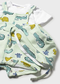 Set 3 Pezzi Baby Verde Acqua Salopette T-Shirt E Cappell