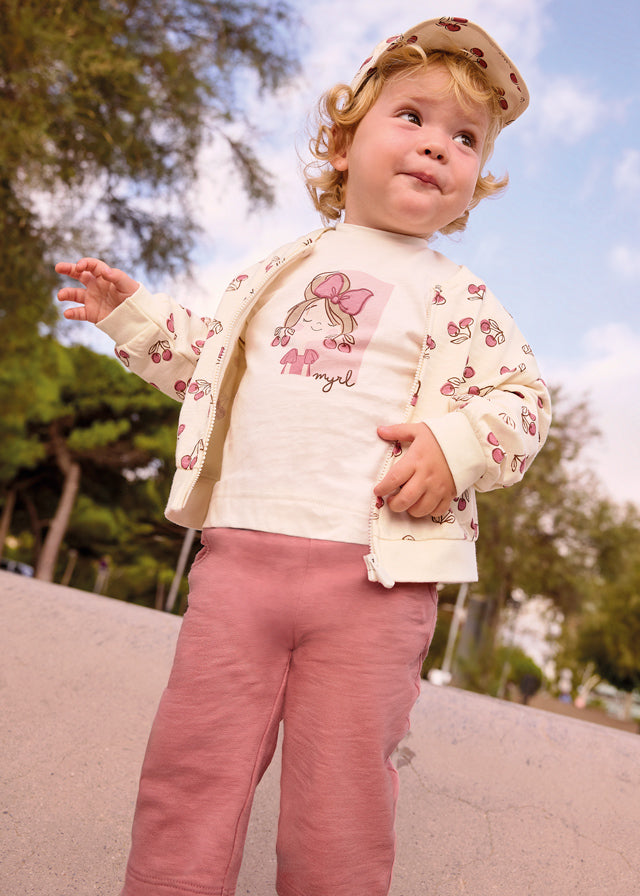 Completo 3 Pezzi T-Shirt Felpa Con Zip E Pantaloni Rosa