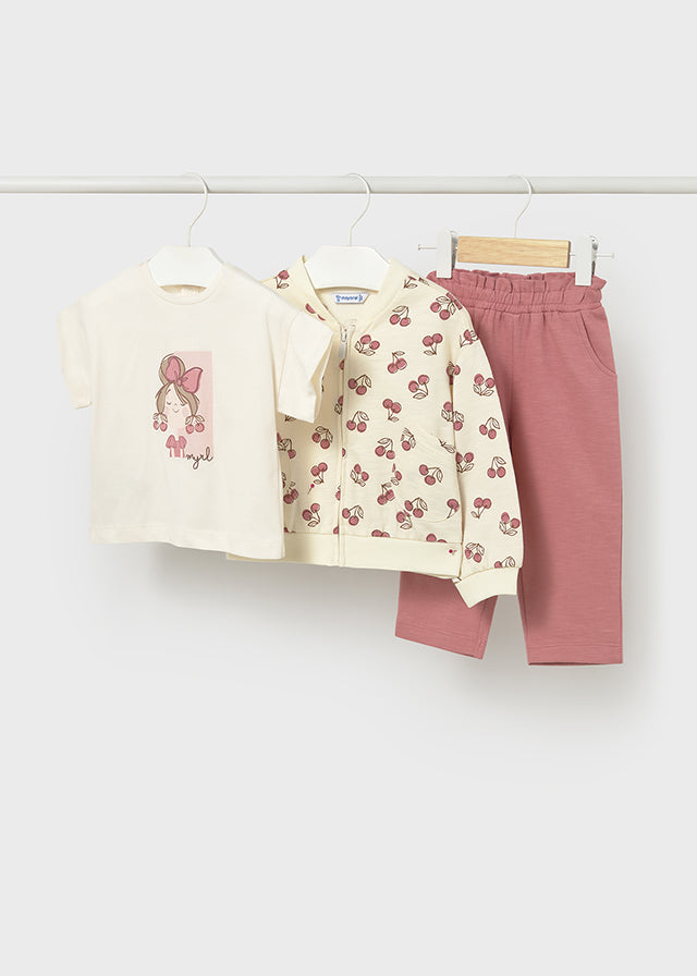 Completo 3 Pezzi T-Shirt Felpa Con Zip E Pantaloni Rosa