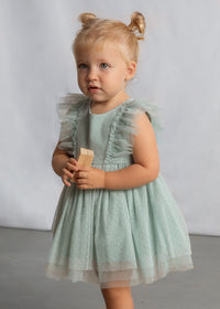 Vestito Elegante Bimba Verde Con Fascia Coordinata