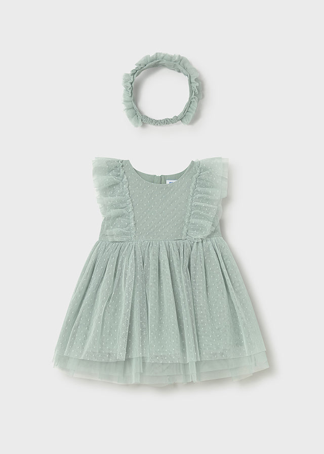 Vestito Elegante Bimba Verde Con Fascia Coordinata