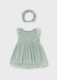 Vestito Elegante Bimba Verde Con Fascia Coordinata