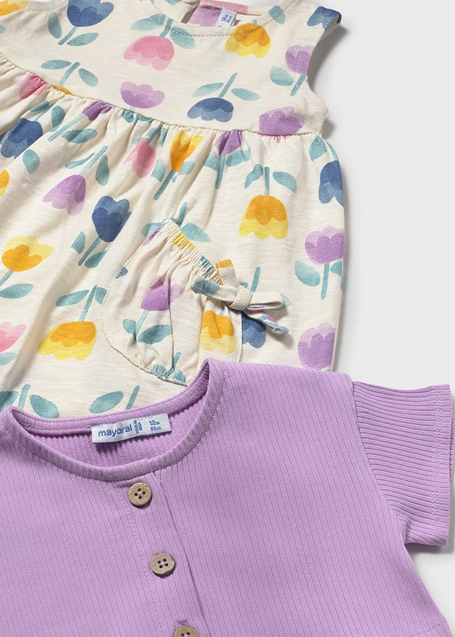 Vestito Bimba Con Maglia Lilla E Stampa Fiori