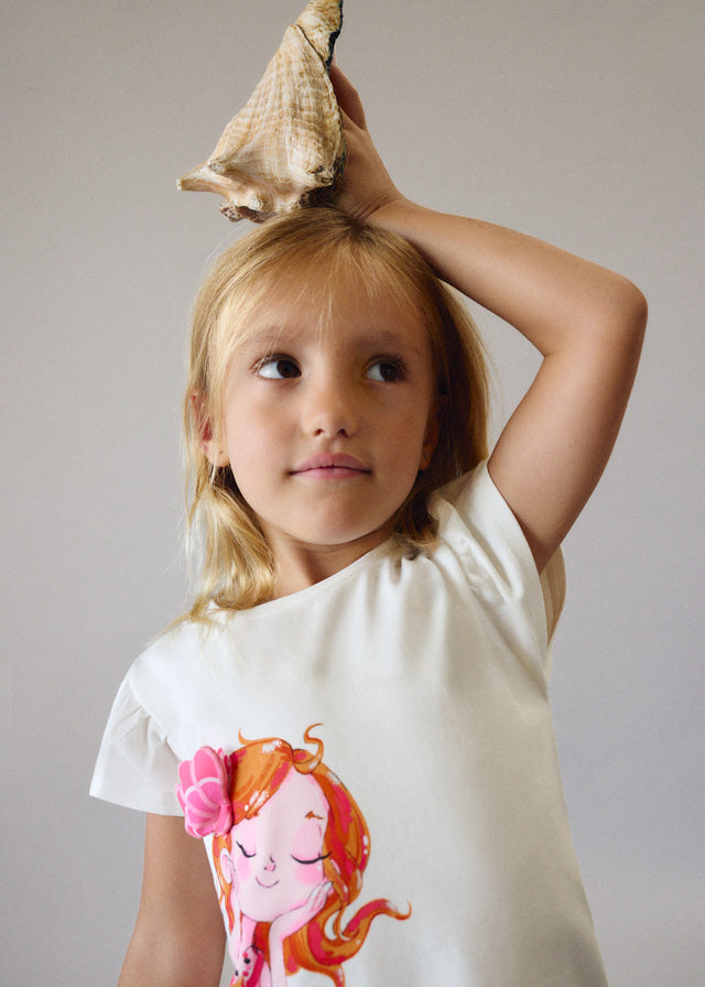 T-Shirt Bianca Con Maniche A Volant E Sirena Pop