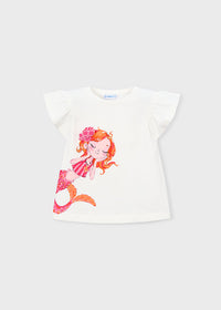 T-Shirt Bianca Con Maniche A Volant E Sirena Pop