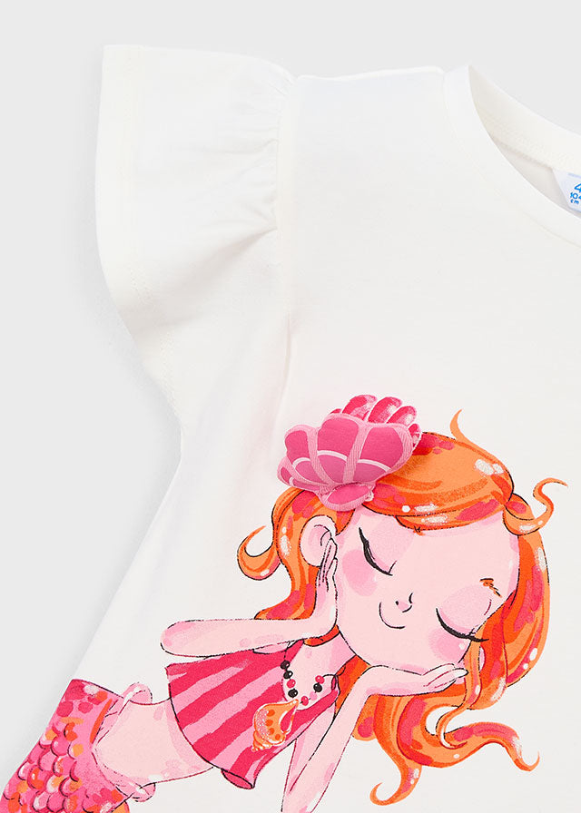 T-Shirt Bianca Con Maniche A Volant E Sirena Pop